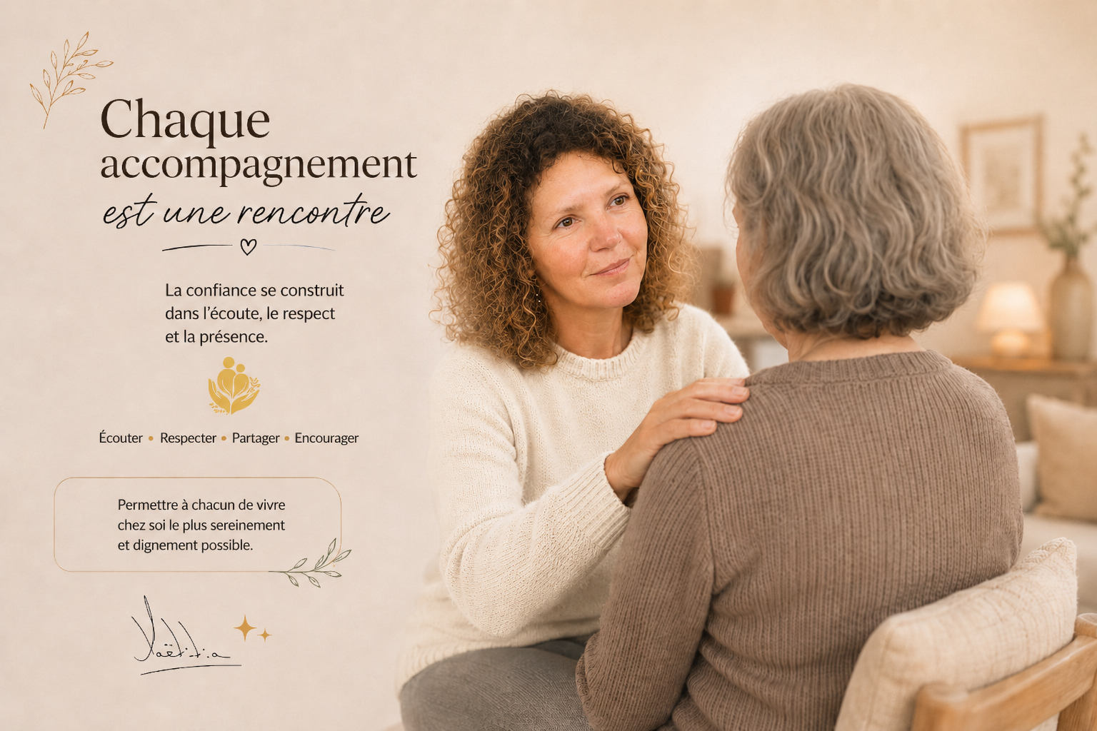 Laëtitia échange avec une personne accompagnée à domicile
