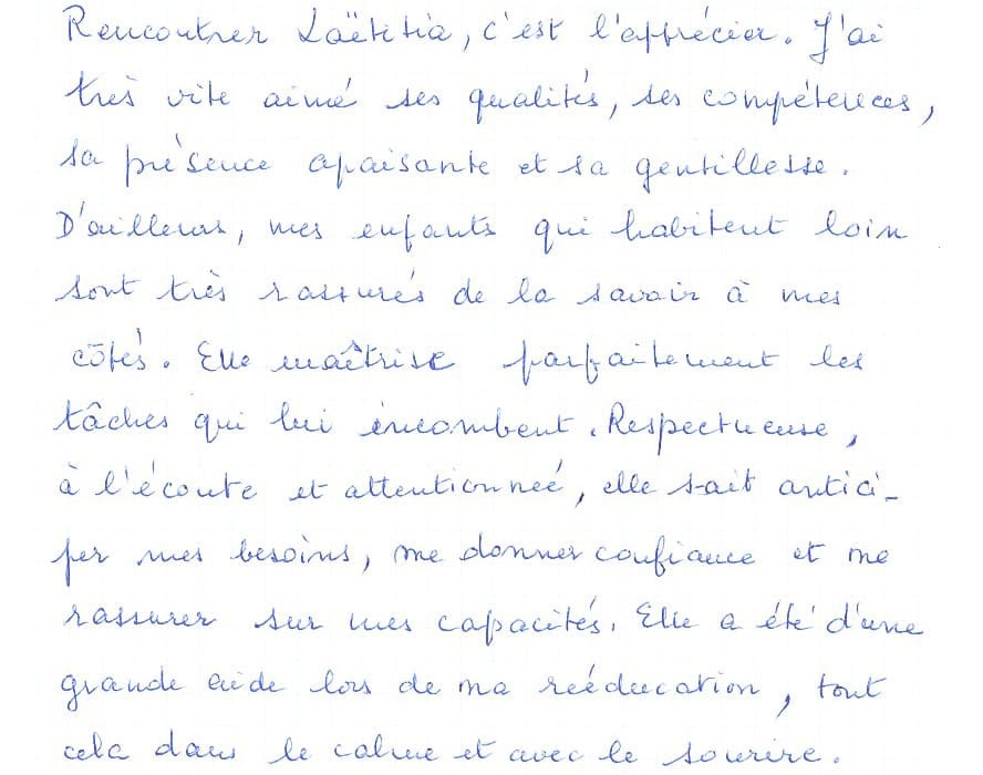 Témoignage manuscrit d’une personne accompagnée à domicile